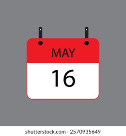 Calendar icon with date 16 may on grey background. Vector schedule symbol.