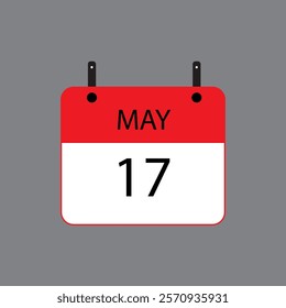 Calendar icon with date 17 may on grey background. Vector schedule symbol.