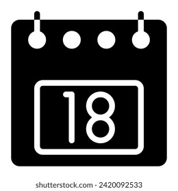 Calendar icon, date 18 design solid style vector illustration. Flat design style, black color. can be used for website, app mobile and software interfaces