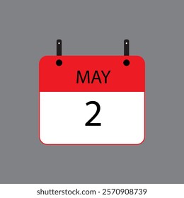 Calendar icon with date 2 may on grey background. Vector schedule symbol.