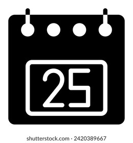 Icono de calendario, fecha 25 diseñar ilustración vectorial de estilo sólido. Diseño plano, color negro. puede utilizarse para interfaces de sitio web, aplicaciones móviles y software
