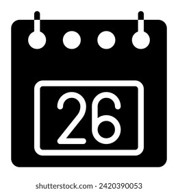 Icono de calendario, fecha 26, diseñar ilustración vectorial de estilo sólido. Diseño plano, color negro. puede utilizarse para interfaces de sitio web, aplicaciones móviles y software