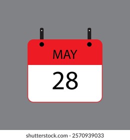 Calendar icon with date 28 may on grey background. Vector schedule symbol.