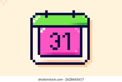 Calendar icon with the date of the 31st is drawn in pixel art style 8 bit. Green and magenta colors.