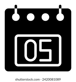 Calendar icon, date 5 design solid style vector illustration. Flat design style, black color. can be used for website, app mobile and software interfaces