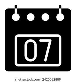 Calendar icon, date 7 design solid style vector illustration. Flat design style, black color. can be used for website, app mobile and software interfaces