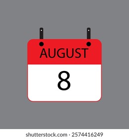 Calendar icon with date 8 august on grey background. Vector schedule symbol.