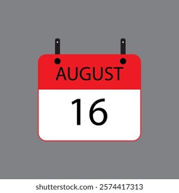 Calendar icon with date august 16 on grey background. Vector schedule symbol.