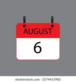 Calendar icon with date august 6 on grey background. Vector schedule symbol.