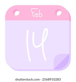 Calendar icon with date February 14. Pink cute calendar in flat style. Vector illustration isolated on white background.