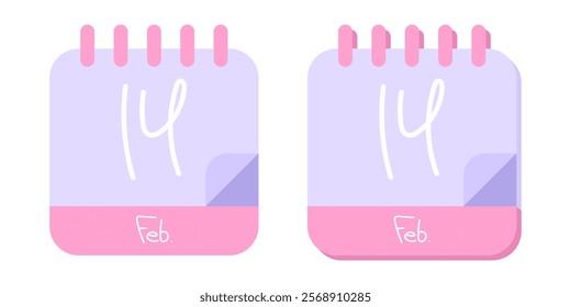 Calendar icon with date February 14. Pink cute calendar in flat style. Vector illustration isolated on white background.