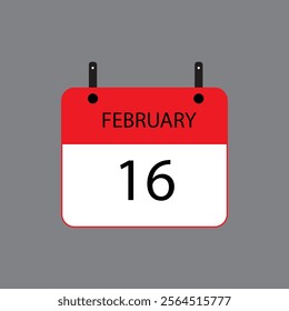 Calendar icon with date February 16 on grey background. Vector schedule symbol.