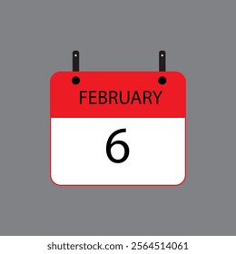 Calendar icon with date February 6 on grey background. Vector schedule symbol.