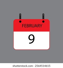 Calendar icon with date February 9 on grey background. Vector schedule symbol.