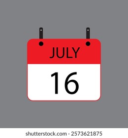 Calendar icon with date July 16 on grey background. Vector schedule symbol.