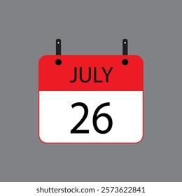 Calendar icon with date July 26 on grey background. Vector schedule symbol.