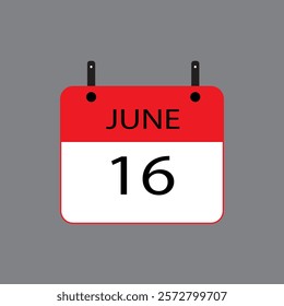 Calendar icon with date june 16 on grey background. Vector schedule symbol.