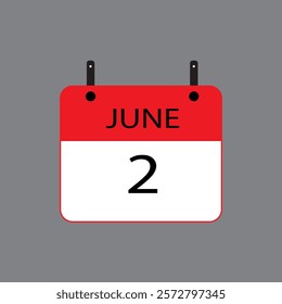 Calendar icon with date june 2 on grey background. Vector schedule symbol.