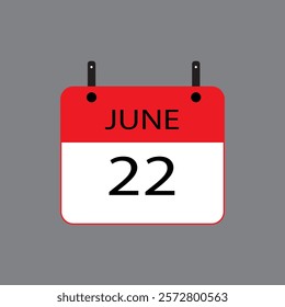 Calendar icon with date june 22 on grey background. Vector schedule symbol.