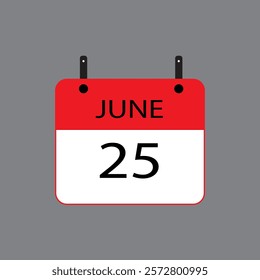 Calendar icon with date june 25 on grey background. Vector schedule symbol.