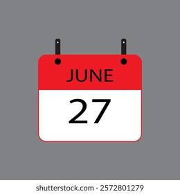 Calendar icon with date june 27 on grey background. Vector schedule symbol.