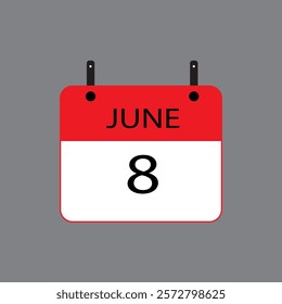 Calendar icon with date june 8 on grey background. Vector schedule symbol.