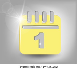 Icono del calendario - fecha número 1. Símbolo de calendario para el diseño de su sitio web, logotipo, aplicación, interfaz de usuario. Ilustración vectorial 3d en amarillo - colores grises.