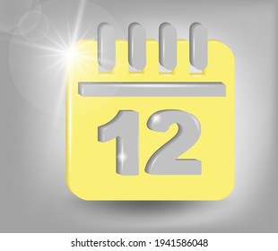 Calendar icon - date number 12. Calendar symbol for your web site design, logo, app, UI. 3d vector illustration in yellow - gray colors.