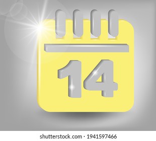 Calendar icon - date number 14. Calendar symbol for your web site design, logo, app, UI. 3d vector illustration in yellow - gray colors.