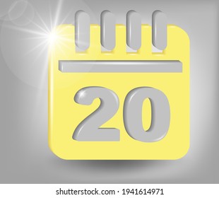 Calendar icon - date number 20. Calendar symbol for your web site design, logo, app, UI. 3d vector illustration in yellow - gray colors.