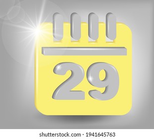 Calendar icon - date number 29. Calendar symbol for your web site design, logo, app, UI. 3d vector illustration in yellow - gray colors.