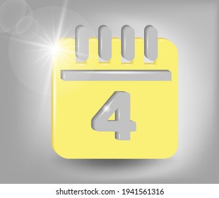 Calendar icon - date number 4. Calendar symbol for your web site design, logo, app, UI. 3d vector illustration in yellow - gray colors.