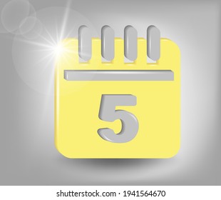 Calendar icon - date number 5. Calendar symbol for your web site design, logo, app, UI. 3d vector illustration in yellow - gray colors.
