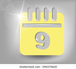 Icono del calendario - fecha número 9. Símbolo de calendario para el diseño de su sitio web, logotipo, aplicación, interfaz de usuario. Ilustración vectorial 3d en amarillo - colores grises.