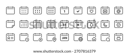 Calendar icon. Date planner with reminder marks and monthly grid for schedule vector usage. Useful event overview for office tasks symbol. Clean outline set for UI sign. Modern planning pictogram.