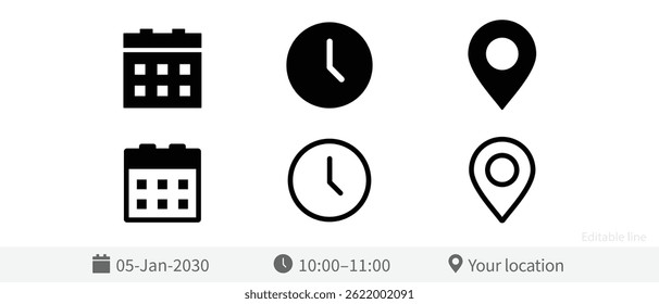ícone de calendário data hora endereço local local símbolo símbolo logotipo linhas editáveis no fundo branco. conceito da agenda do evento agenda da reunião informações 