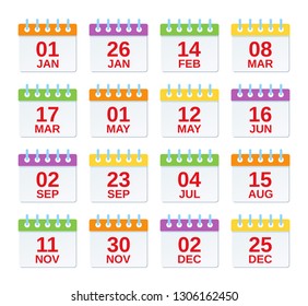 Calendar icon with dates. Vector. Set of annual appointments, yearly events template in flat design. Calendar organizer symbols isolated on white background. Color illustration. Computer graphic.