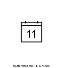Calendar icon. Day 11. Black line date symbol for web design, user interface, events, appointments, meetings. Simple shape design.