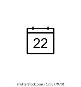 Calendar icon. Day 22. Black line date symbol for web design, user interface, events, appointments, meetings. Simple shape design.