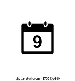 Calendar icon - day 9. Simple black glyph date silhouette for web design, user interface, events, appointments, meetings.