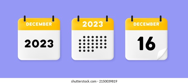 calendar icon. December. 2023 16 day. The concept of waiting for an important date. Calendar with raised pages. Yellow calendar isolated on purple background. 3d vector illustration.