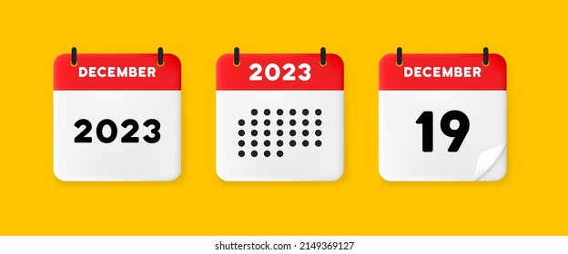 Calendar icon. December. 2023 19 day. The concept of waiting for an important date. Calendar with raised pages. Red calendar isolated on yellow background. 3d vector illustration.