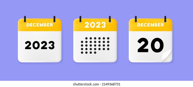 calendar icon. December. 2023 20 day. The concept of waiting for an important date. Calendar with raised pages. Yellow calendar isolated on purple background. 3d vector illustration.