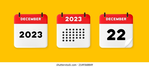 Calendar icon. December. 2023 22 day. Calendar with raised pages. Red calendar isolated on yellow background. 3d vector illustration.