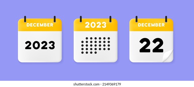 Calendar icon. December. 2023 22 day. Calendar with raised pages. Yellow calendar isolated on purple background. 3D vector illustration.