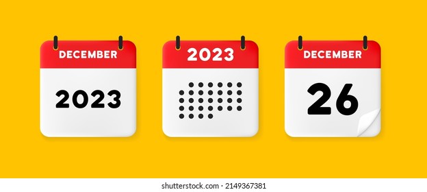 Calendar icon. December. 2023 26 day. Raised page calendar. 3d vector illustration.