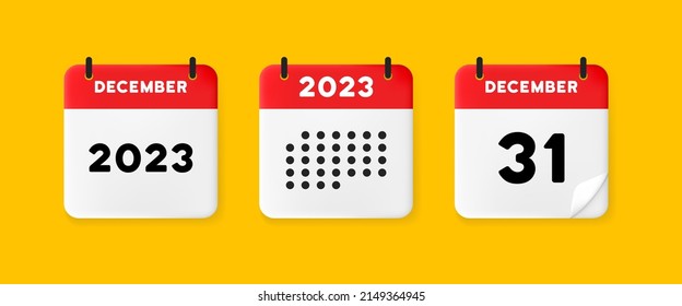 Calendar icon. December. 2023 31 day. Raised page calendar. 3d vector illustration.