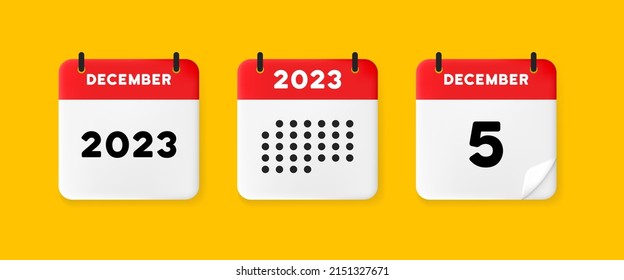 Calendar icon. December. 2023 5 day. The concept of waiting for an important date. Calendar with raised pages. Red calendar isolated on yellow background. 3d vector illustration.