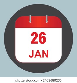 Calendar icon design. Calendar icon with date 26 January.  Calendar icon symbol vector. First month of year.
