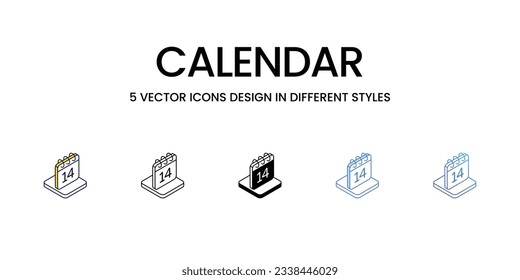 Diseño de iconos de calendario en estilo Cinco con barra de trabajo editable. Línea, Sólido, Línea plana, Color de tono Duo y Línea de degradado de color. Adecuado para diseño de páginas Web, aplicaciones móviles, UI, UX y GUI.